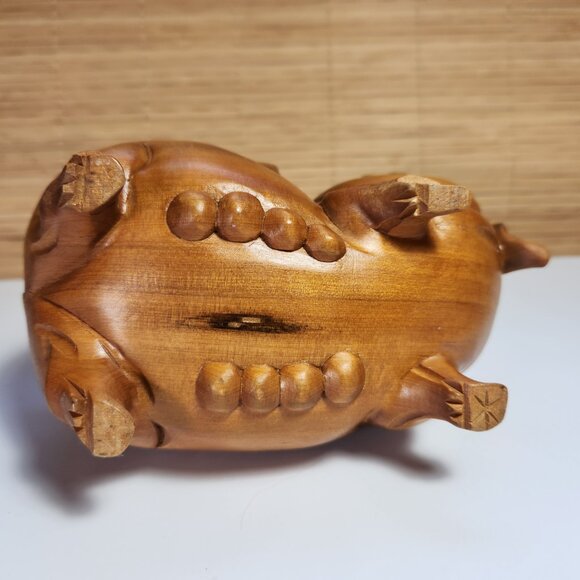 Vintage Hand Carved Chinese Wood Laughing Pig Figurine Ornament Statue - Picture 8 of 8